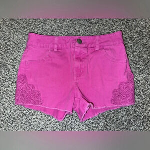 Colorful planet pink jean shorts with lace accent on side
